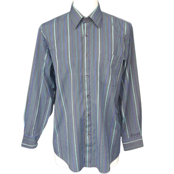 Sergio Louis Italy SZ M Black, Indigo & Teal Striped Men's Button Up Shirt - Picture 1 of 14